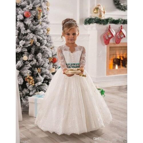Flower Girls Dresses For Wedding Princess Sheer Neck Long Sleeves Lace Appliques First Communion Dress For Kids Girl