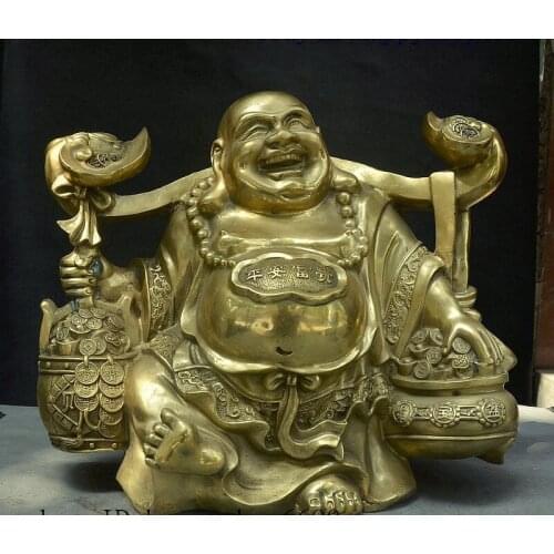 Rare China Buddhism Brass Waelth Ruyi Treasure Bowl Happy Maitreya Buddha Statue