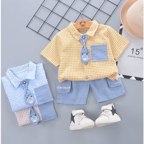 New Summer Infant Plaid Tie Short Sleeves Shirt+shorts Baby Toddler Boy Casual Clothing Sets Kids Girls Fashion Outfits