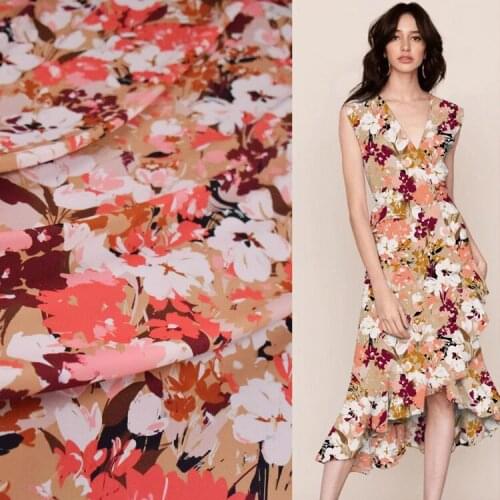 Chiffon Fabric Rayon Hemp Brown Watercolor Big Flower Dress Suspenders Holiday Style Womens Clothing Handmade DIY Fabric