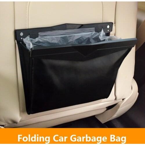 ALLGT Folding Car Seat Back Storage Bag PU Leather Hanging Car Trash Garbage Bag for Auto Interior Stowing Tidying Black Beige