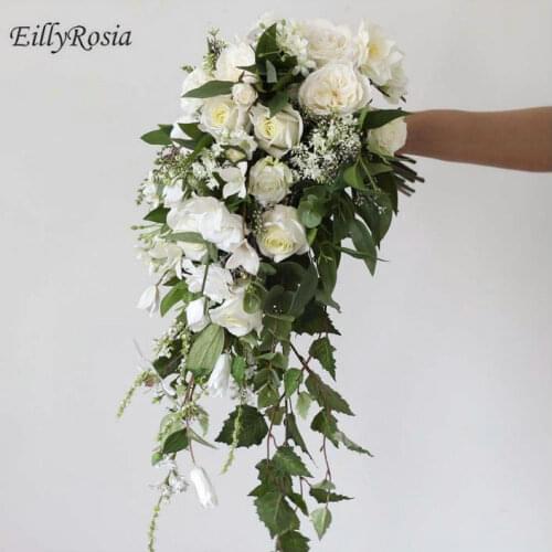Waterfall White Green Bridal Bouquet Wedding Flowers Elegant Cascading Artificial Holding Flowers Wedding Deco ramos de novia