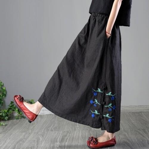 Cotton Linen Vintage Skirts Womens 2021 New Autumn Summer National Style Elastic Waist Skirt Leisure Loose Women Skirts FF3085
