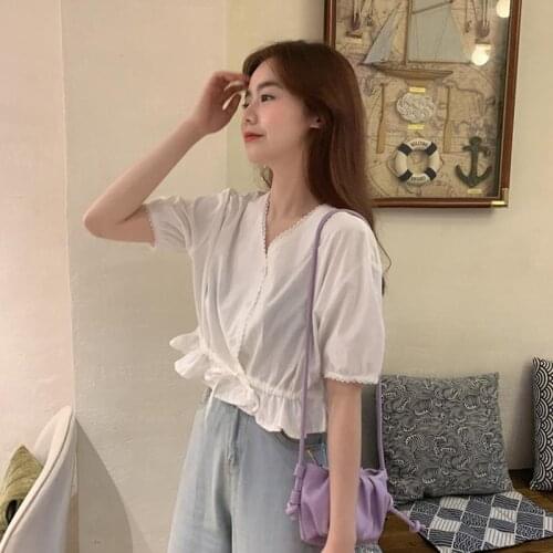 Women Blouse Summer 2021 Drawstring At Hem V-neck Puff Short Sleeve Top For Women Blusas Mujer De Moda