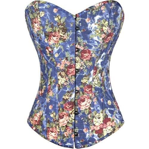 Sexy Womens Denim Flower Pattern Boned Lace up Overbust Corset Waist Cincher Bustier Lingerie Top