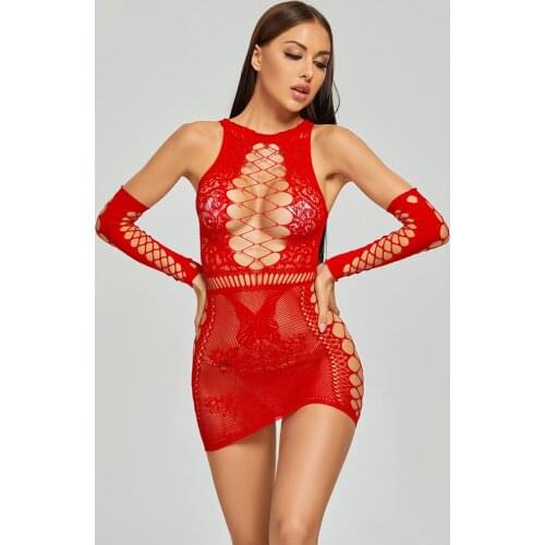 Ladies Mini Dress Lingerie Erotic Fishnet Bodystockings Open Bust Seductive Bodysuit Plus Size Hollow Out Intimo Women Clubwear