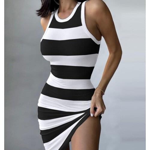 Female Striped Mini Dress Summer Women Casual Round Neck Sleeveless Short Dress for Daily S M L XL