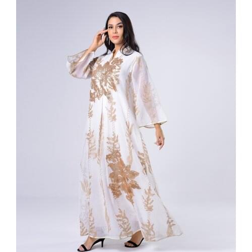 2021 Fashion design womens ethnic style golden sequined embroidery yarn loose plus size maxi long dress SMLXL
