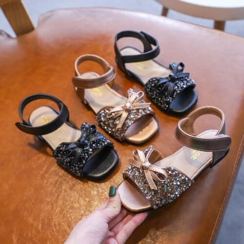 2021 summer new girls sandals princess shoes bow student sequin flat sandals children beach shoes size25-36