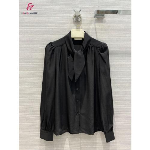 2021 autumn new product high-grade black bow tie silk shirt 100% bow tie design blouses shirt women
