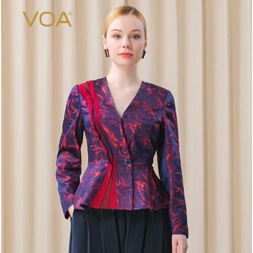 VOA Silk Yarn-dyed Jacquard Asymmetric Pair Silk Splicing V-Neck Concealed Waist Enamel Button Skirt Bottom Woman Jacket WE81
