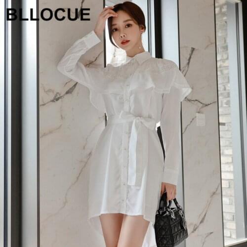 BLLOCUE 2020 Women Fashion Autumn New Korean Temperament Stitching Ruffled Lapel Long Sleeves Bow Lace-Up Shirt Dresses Female
