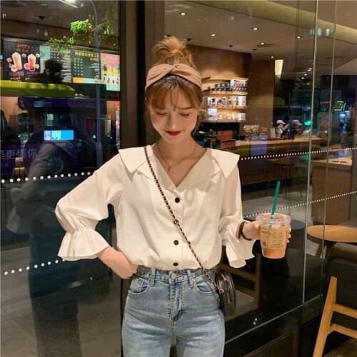 Blouse Women Shirt Autumn V-neck Loose Bell Sleeve Womens Clothing Blusas Mujer De Moda