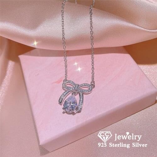 CC Cute Pendant Necklace for Women Shine Cubic Zircon 925 Silver Engagement Wedding Accessories Bowknot Design Gift CCN735