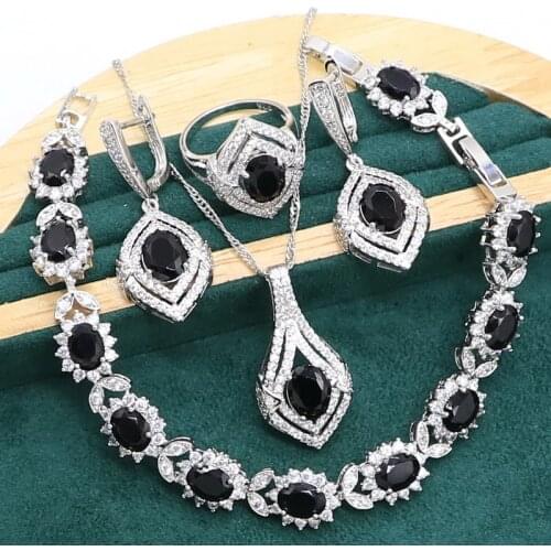 Black Sapphire 925 Silver Jewelry set for Women Wedding Bracelet Earrings Necklace pendant Ring Birthday Gift