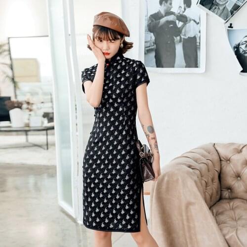 Black Elegant Mandarin Collar Flower Cheongsam 2021 New Lace Sexy Short Qipao Vestidso High Split Handmade Button Chinese Dress