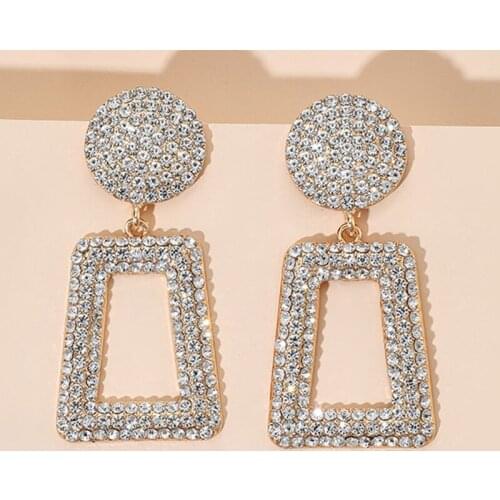 Docona Luxury Crystal Large Geometric Drop Earrings for Women Gold Metal Vintage Earrings Modern Jewelry Wedding Gift Brincos