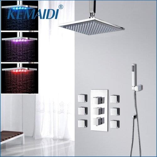 KEMAIDI Bathroom Shower 8"10"12" 16 Inch LED Chrome Shower Faucet Set Thermostatic Valve Mixer Tap W/ 6 Message Jets Shower Set