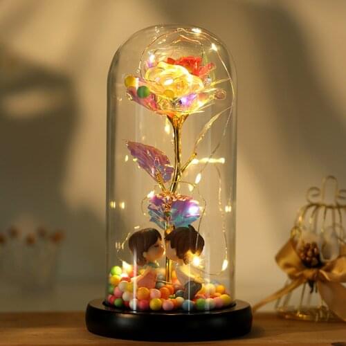 Artificial Eternal Rose LED Light Beauty The Lover Bear In Glass Cover Christmas Home Decor 24K Gold Foil Flower Color Lamp