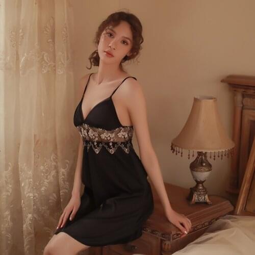 Camisones De Mujer Nightgown Women Sexy Lingerie Slip Nightdress Stain V-Neck Sleeveless Sleepwear Embroidery Home Nightwear New