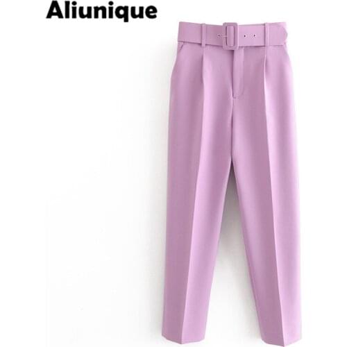 Aliunique New Elegant Career Pant for Women High Quality Office Lady High Waist Straight Belt Pants Casual Ankle Length Trousers