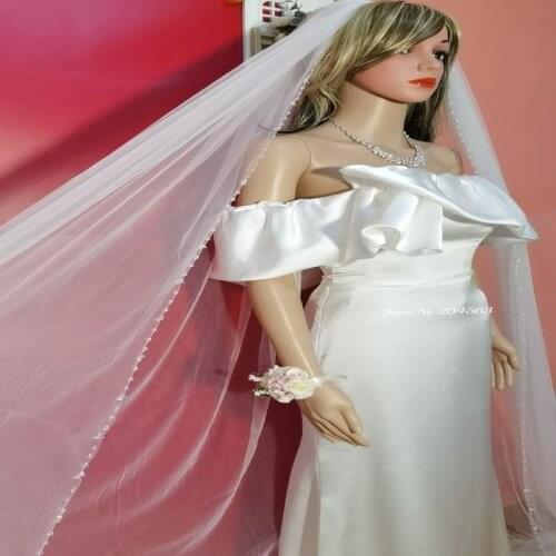 One-Layer White or Ivory Beaded Wedding Veil Crystal Cathedral Veil for Bride with Comb