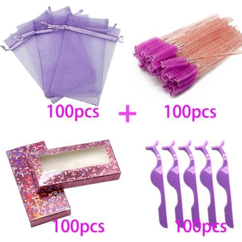 100 Sets 4 In 1 Eyelash Packaging Drawstring Pouch Organza Bag Disposable Diamond Mascara Wands Eyelash Tweezers and Lash Case