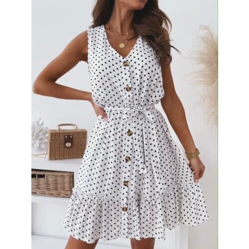 Puloru Women Polka Dot Tank Dress Casual Summer Sleeveless Button V-Neck Flared Dress with Waistband Office Lady Ruffles Dress