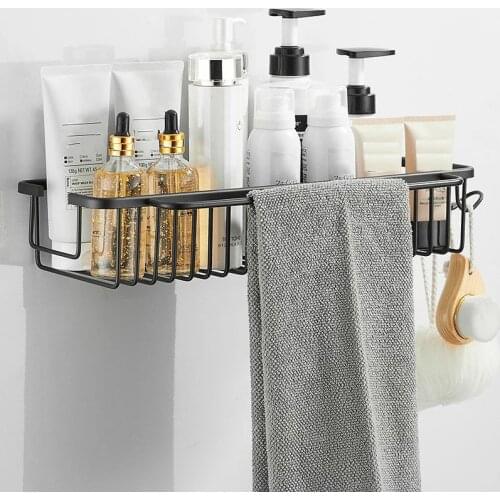 Bathroom Shelf with Bar and Hooks Bath Shower Shelf Black Bathroom Corner shelf Wall Mounted Aluminum Kitchen Storage holder