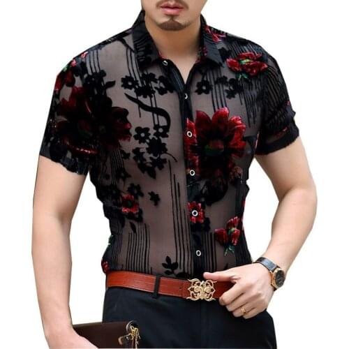 Men Club Party 2021 New DJ Prom Shirt Short Sleeve Chemise Homme Transparent Flower Velvet Shirt Men See Through Lace Shirt 3XL
