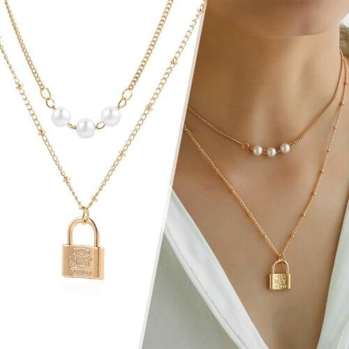 Stylish Women Double Layer Necklace Simulated Pearl Beads Choker Gold Color Lock Pendant Chain Necklace Banquet Party Jewelry