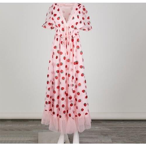 Umeko Summer Lovely Strawberry Max Dress Women Sweet Short Sleeve V-Neck Lace-up Sheer Mesh Holiday Pink Lady Fashion Dresses