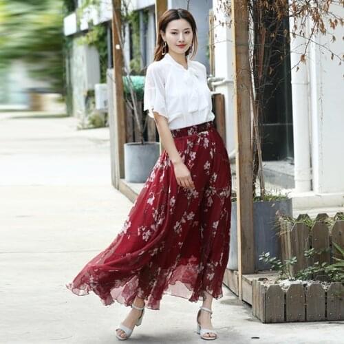 Floral Chiffon Circle Maxi Long Skirt Summer Women High Waist Skirts Hawaii honeymoon Vacation Lightweight Skirts Plus Size