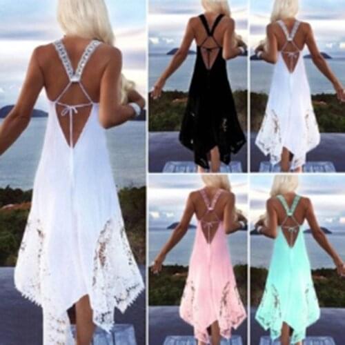 Women Summer O-Neck Dresses Fashion Lace Stitching Backless Dresses Sexy Sleeveless Halter Bandage Dress Ladies Sundress