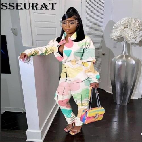 SSEURAT Women Set Print Shirts Tops + Pants Two Piece Pants Sets Ladies Casual Outfits Fashion Streetwear Autumn
