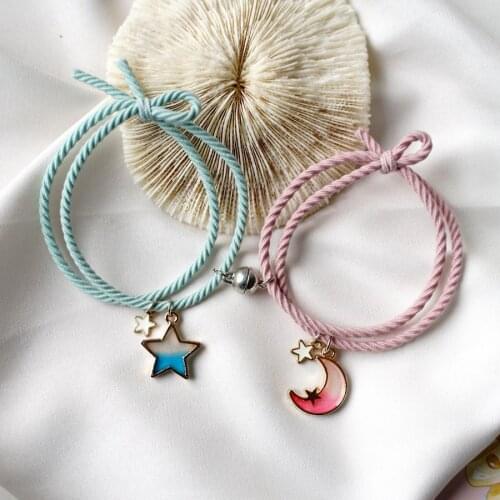 2pcs Star Moon Magnetic Couple Bracelet Set for Men Women Trendy Handmade Rope Chain Friendship Bracelet Adjustable Jewelry