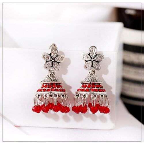 Bohemian Vintage Style Earring Pendant Silver Color Alloy Flower Hollow Carved Beads Crystal Tassel Earrings Suitable For Party