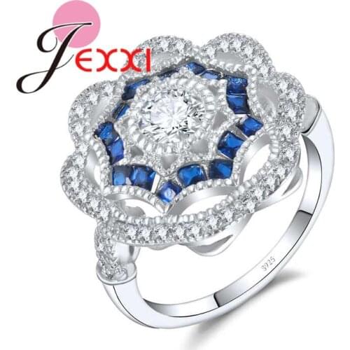 Hot Sale Blue & White CZ Crystal Flower Design Finger Rings 925 Sterling Silver for Women Wedding Christmas Jewelry