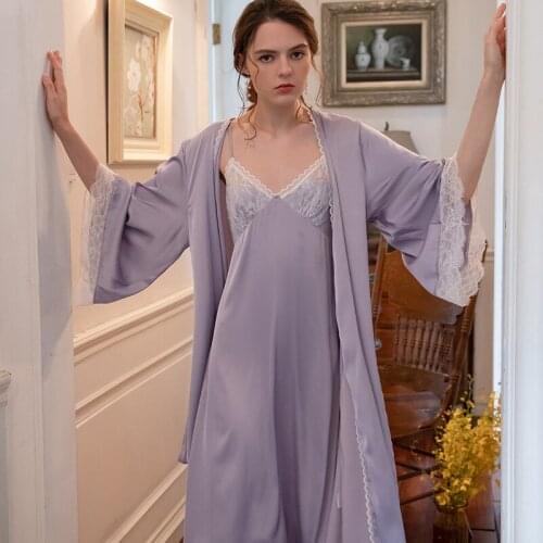 Lace Trim 2pcs Kimono Bathrobe Set Satin Twinset Robe Gown Nightgown Sexy Women Nightwear Sleep Dress Casual Homewear Nightie