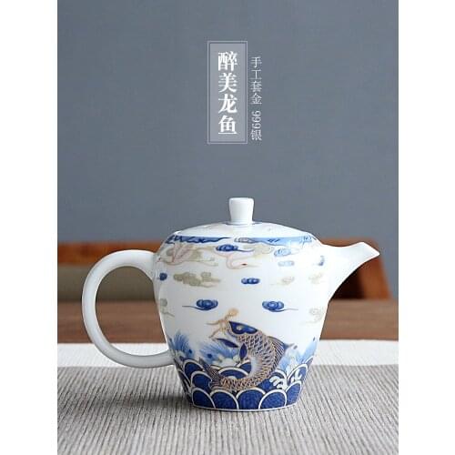 Auspicious dragon fish ceramic teapot decorated with pure silver porcelain kungfu tea ceremony pot Chinese teaware