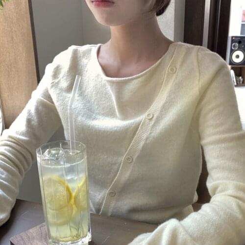 Korean Chic Autumn All-Match Round Neck Beveled Side Single-Breasted Design Solid Color Irregular Long-Sleeved Sweater Top Women