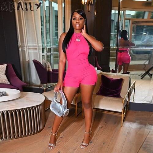 Akaily Summer Solid Halter Rompers Womens Jumpsuit Shorts Sleeveless Backless Rompers Playsuits Female Club One Piece Outfits