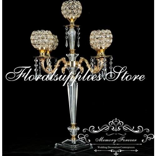 New 75CM Tall Crystal Candelabra Centerpieces Gold Wedding Crystal Decoration 5 Arms Candelabra Metal Candle Holder