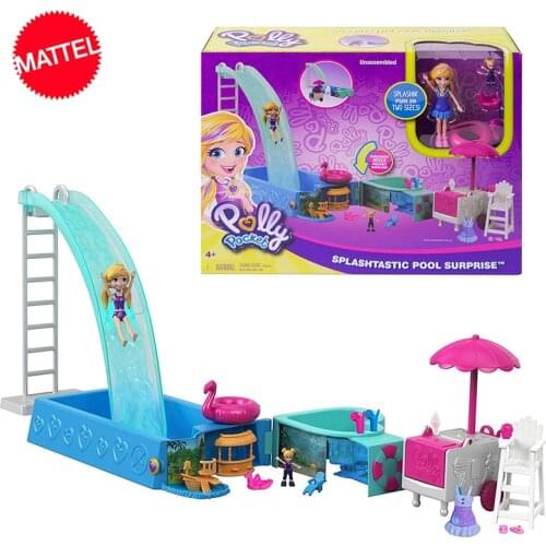 Original Polly Pocket Swimming Pool Party World Playset Surprise Treasure Luxury Car Travel Suit Girls Toys Birthday Gift Box