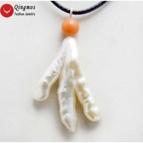 Qingmos Natural White Pearl Pendant Necklace for Women with 20*30mm Baroque Chicken Toe Pearl & Pink Coral Choker 17" Jewelry