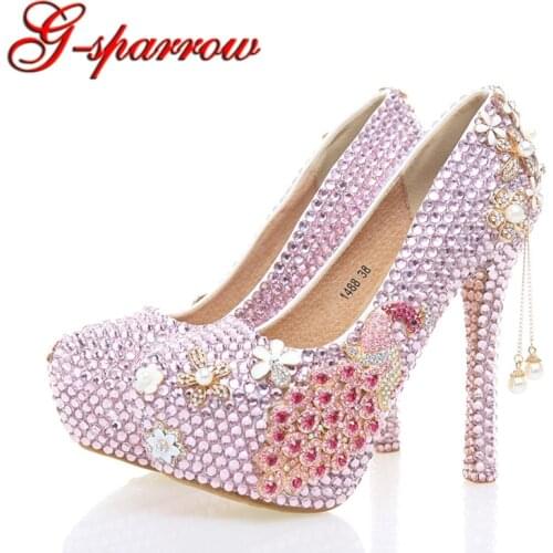 Pink Rhinestone Bride Shoes Phoenix Wedding Party Shoes Thin Heel Handmade Banquet Pumps Women High Heels Mother of Bride Shoes