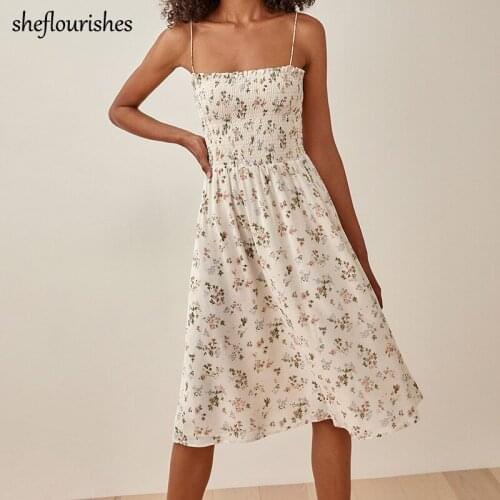 Vintage midi dress women summer strapless dresses party sexy spaghetti strap dress floral print boho dresses elastic lace up