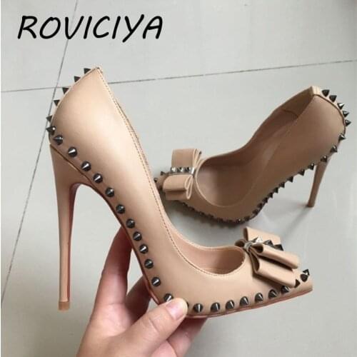 Nude brand 12cm high heels pointed toe sexy shallow womens shoes with rivet party evening shoes MD034 ROVICIYA