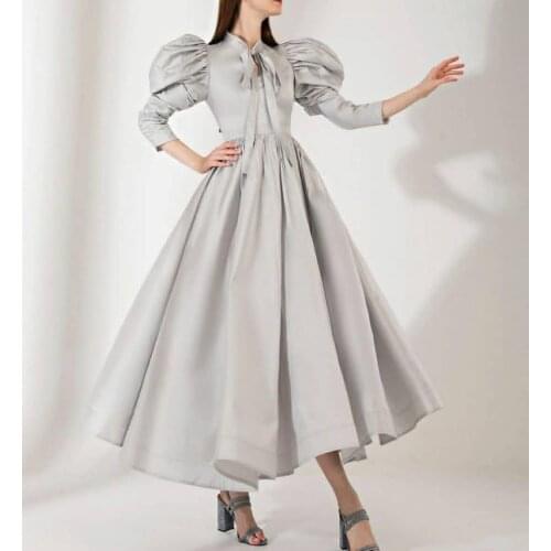 Vintage Long Sleeve O-Neck Silver Evening Dresses A-Line Tea Length Zipper Back Pleated Formal Party Gowns for Women