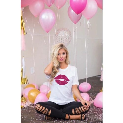 Kiss Me Lips White Graphic Tee Women Kiss Me Tees Valentines Day Shirt Fashion Casual Lips Pink Graphic Valentines Day T-Shirt